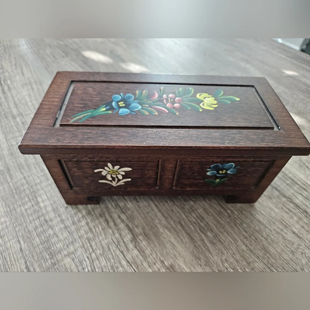 Rare Handpainted Reuge Music Storage Wooden Box with Floral Design